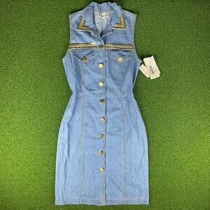 Vintage 90s Monique Fashions Sleeveless Denim Studded Shirt Dress Sz 12